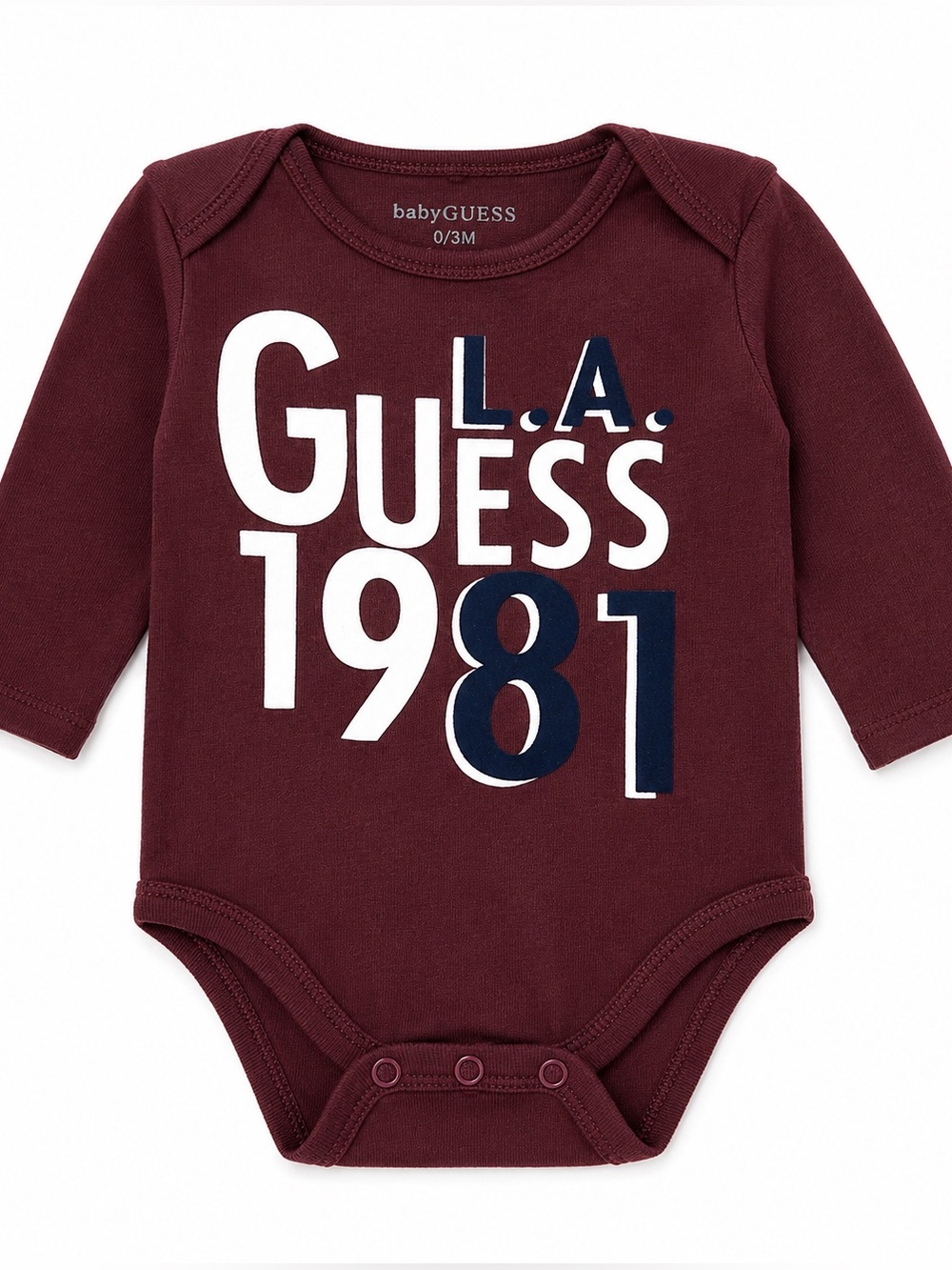Guess Baby Burgundy Long Sleeve Bodysuit with White & Navy Graphic
